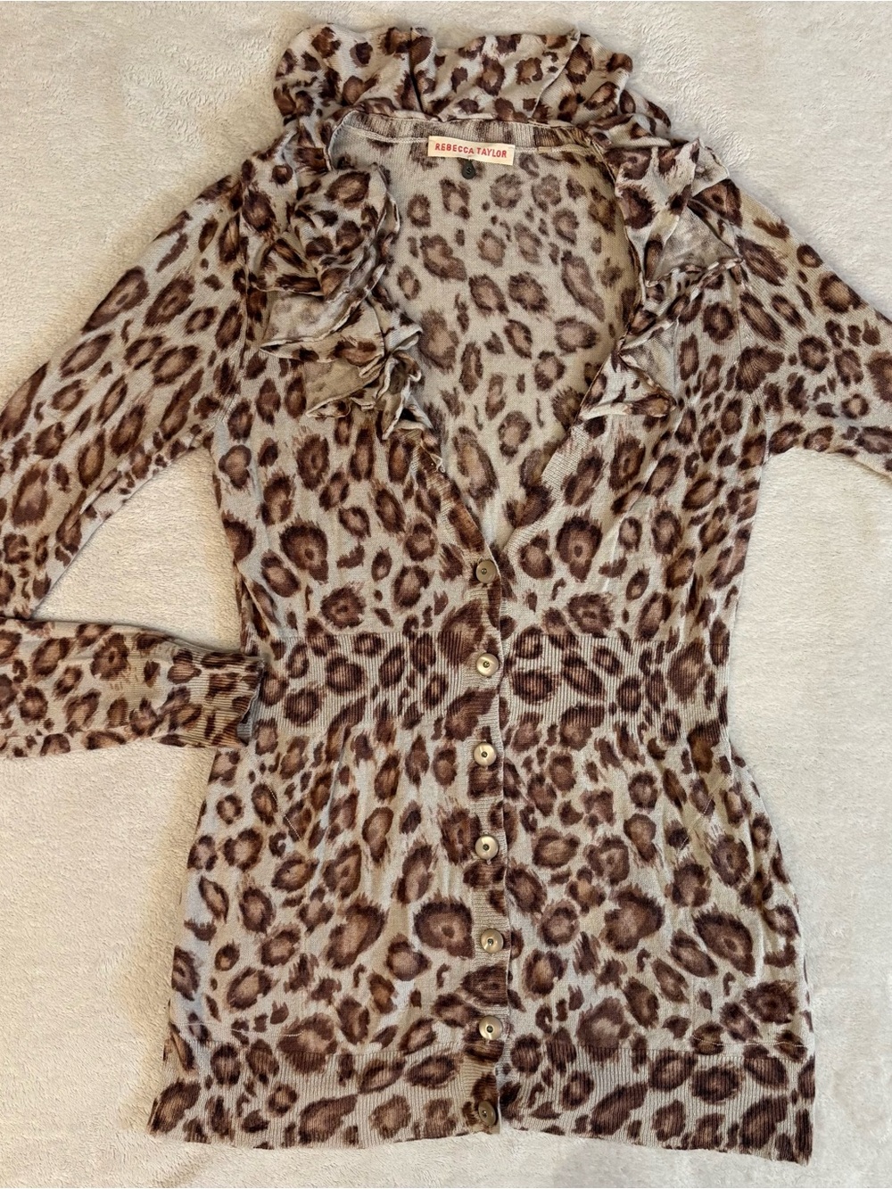 Rebecca Taylor Brown Cream Leopard Ruffle Button V-Neck Wool Blend Cardigan Sz S